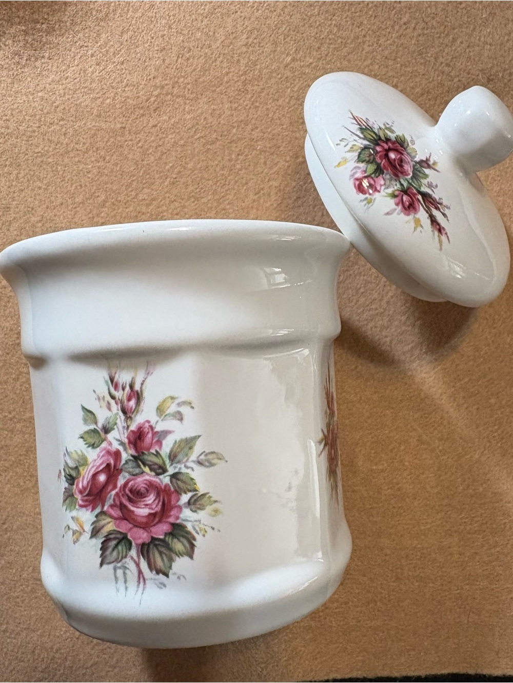 Porcelain Rose Floral Bathroom Canister with Lid - White and Pink